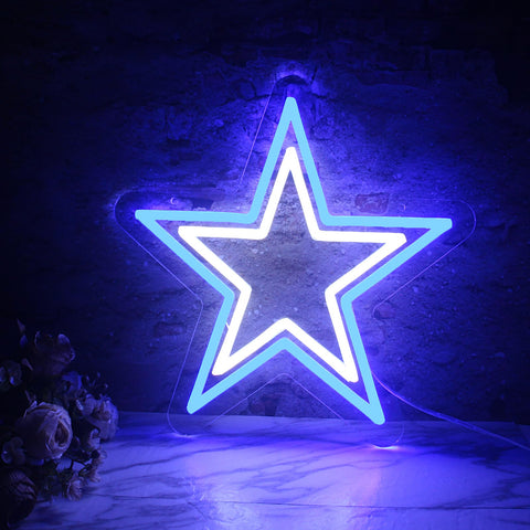 Zhujianqiang Dallas Cowboys neon sign with blue star enhances game room ambiance.