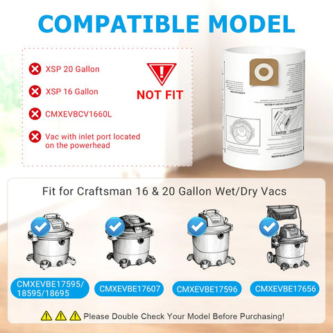Zibopon CMXEVBE17595 bag fits Craftsman 16 gal vacs for tidy debris containment.