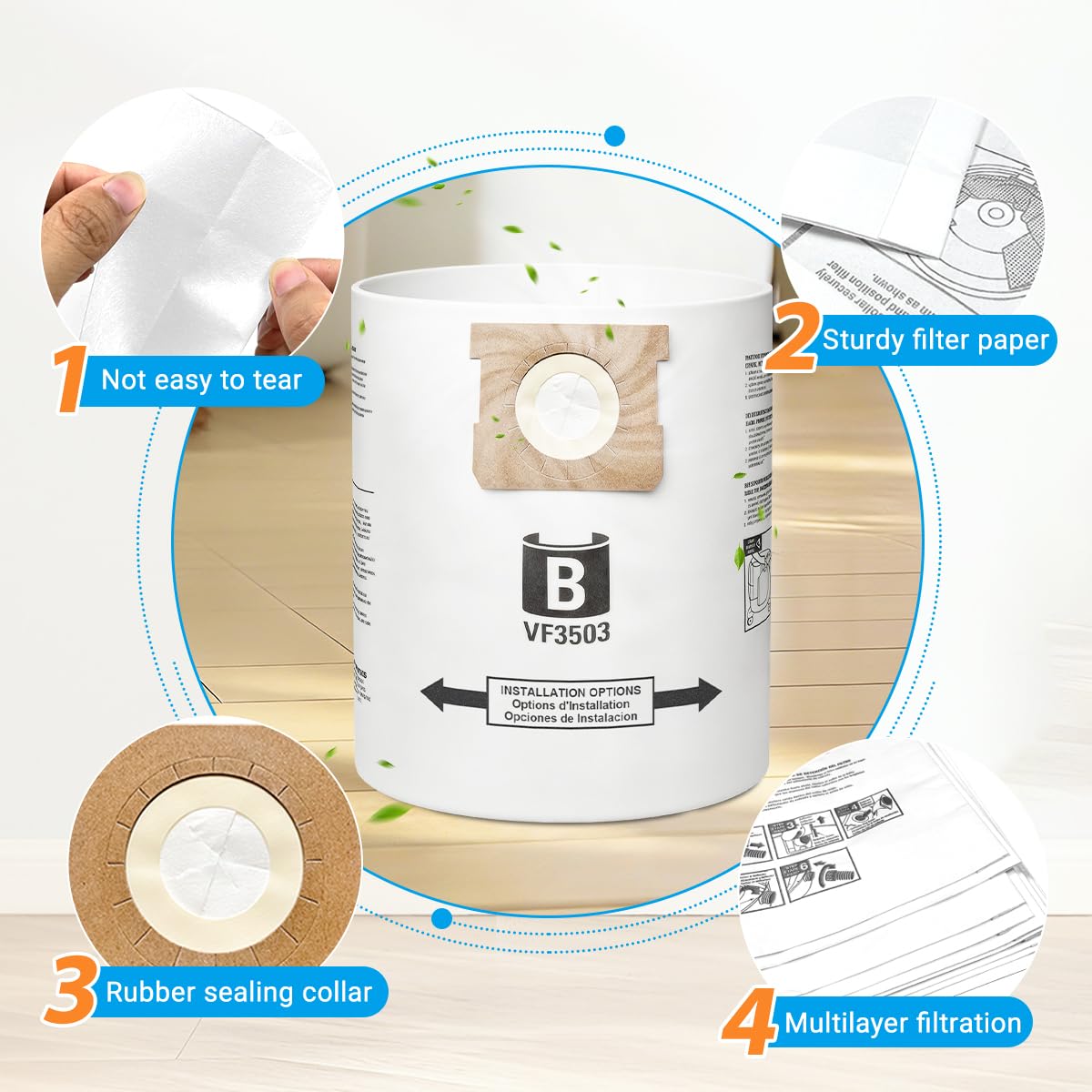 Zibopon VF3503 2-ply filtration delivers efficient dust capture for dry messes.