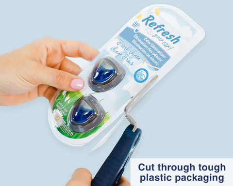 Zibra Open-It! blue box cutter cutting thick packaging safely.