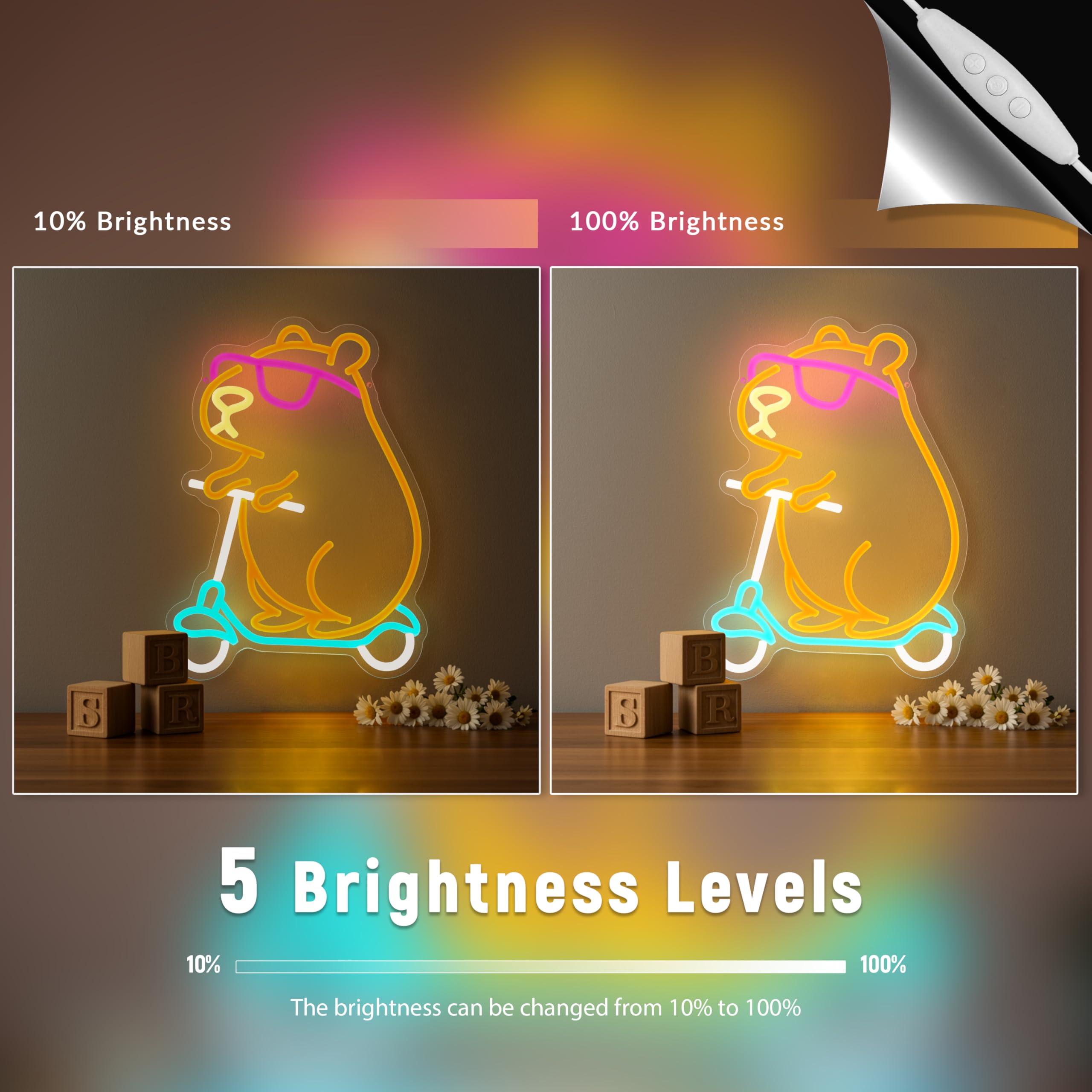 Zidoni Capybara Neon Sign with dimmer switch offers adjustable brightness.