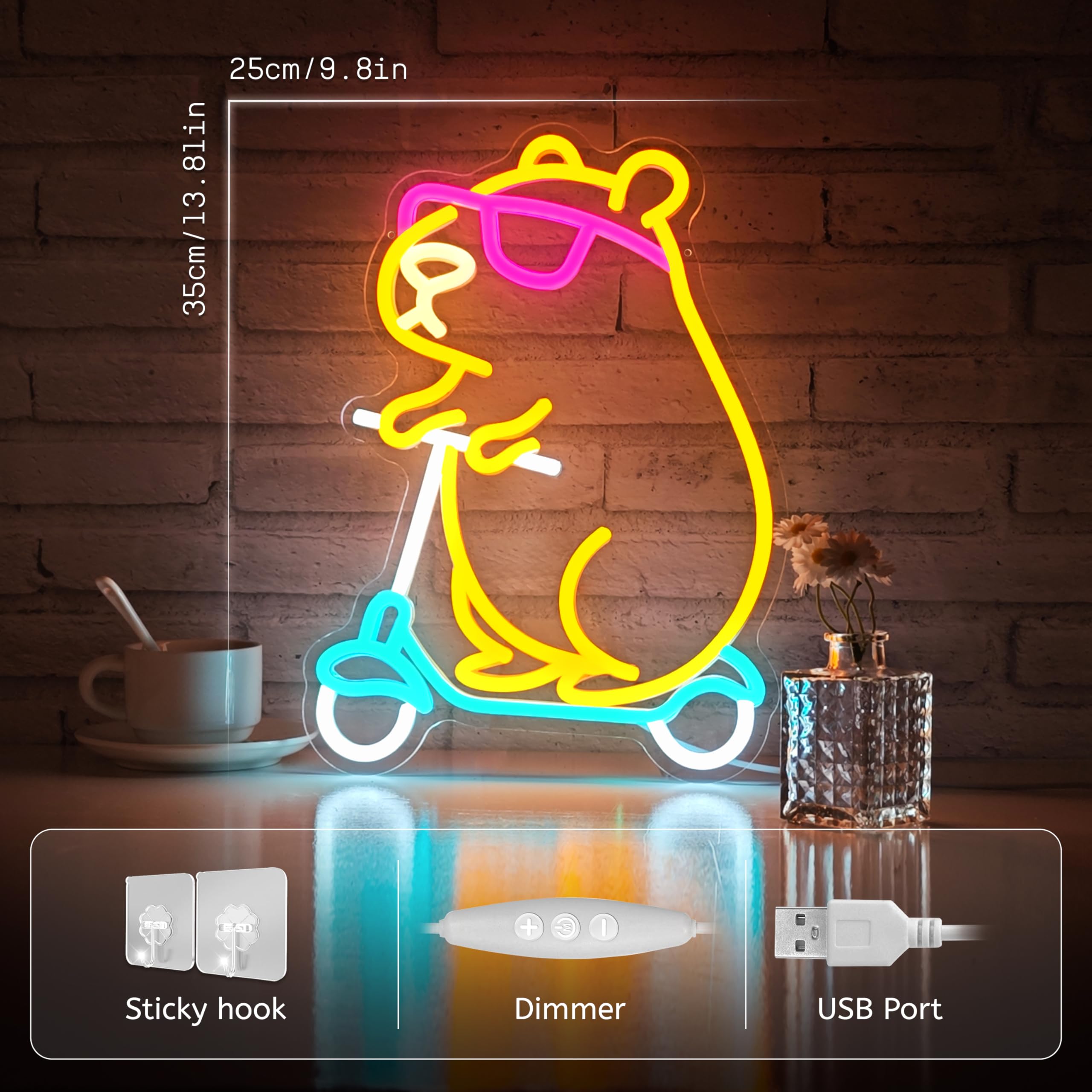 Zidoni Capybara Neon Sign close-up shows glasses for a quirky accent.