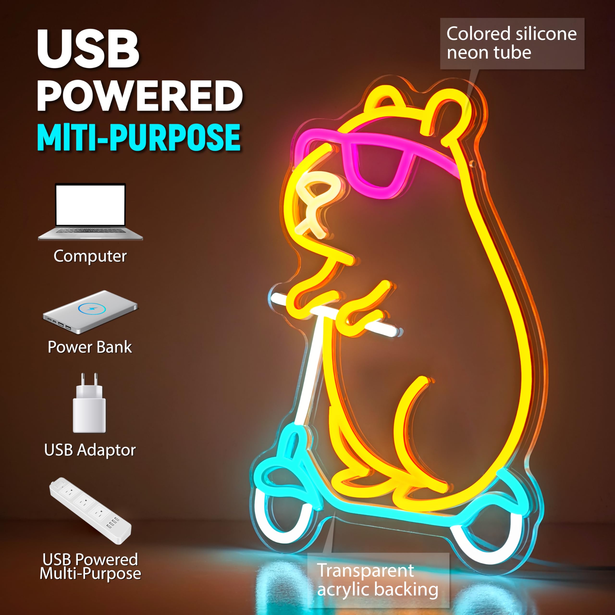 Zidoni Capybara Neon Sign powered by USB cable for flexible placement.