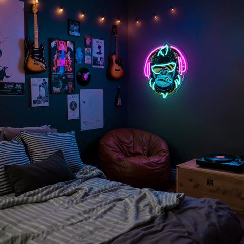 Zidoni Gorilla Neon Sign enhances game room ambiance and entertainment space.