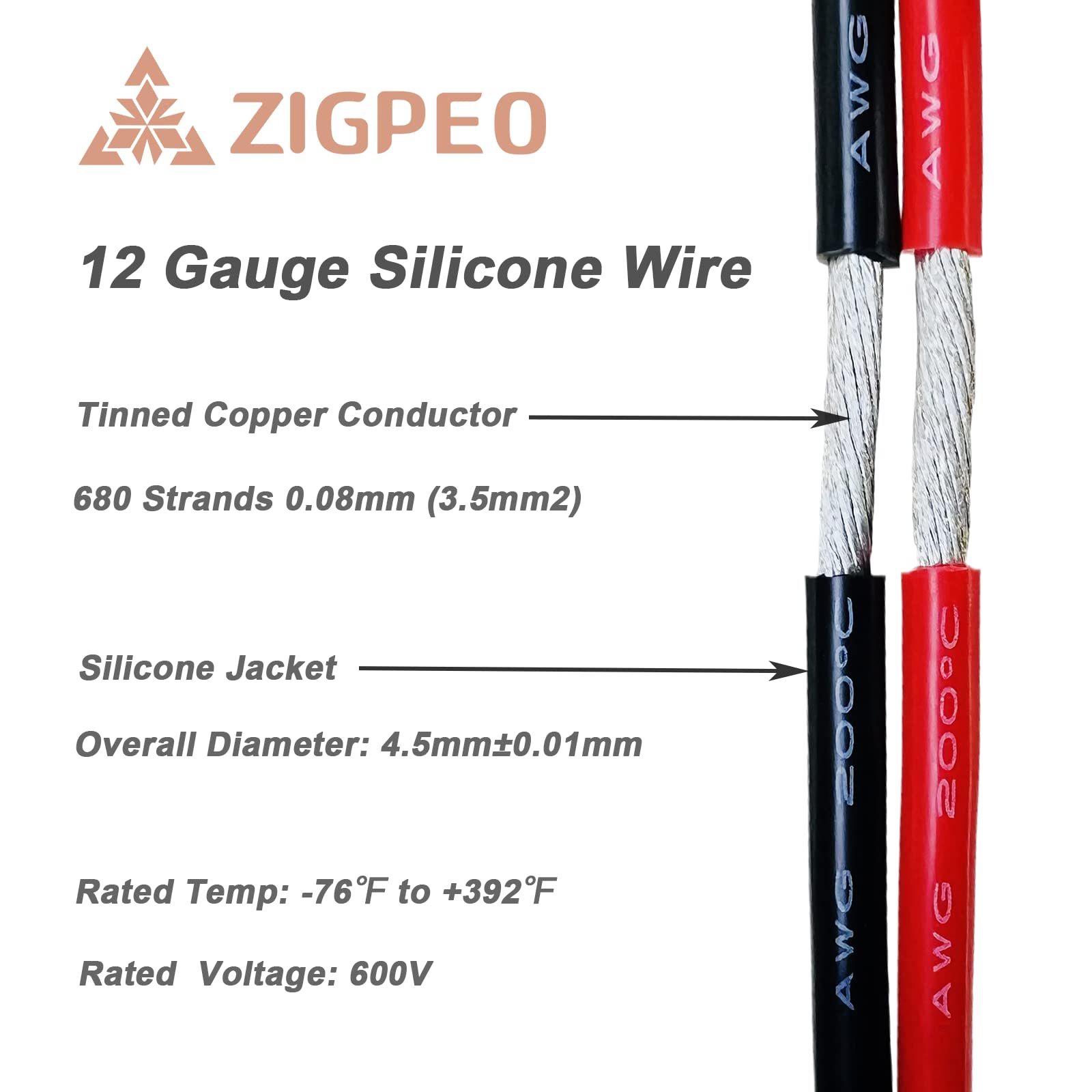 ZIGPEO 12 AWG silicone wire black 25ft, tinned copper conductor for corrosion resistance.