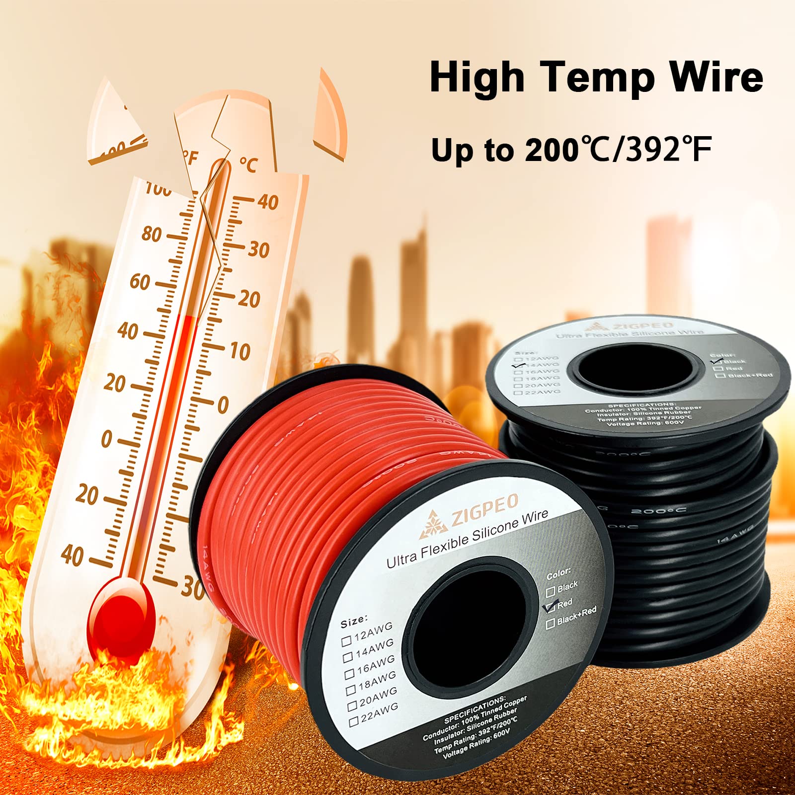 ZIGPEO 12 AWG silicone wire with silicone insulation, handles high-temperature applications.