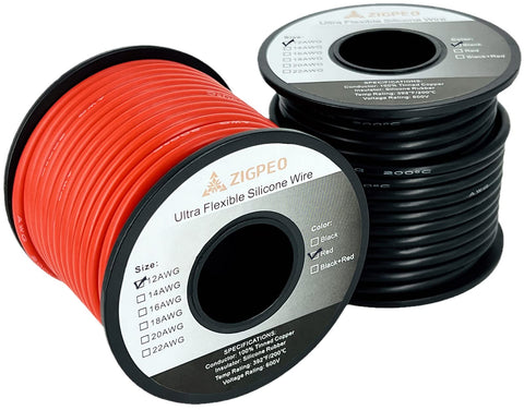 ZIGPEO 12 AWG silicone wire red 25ft, flexible RC battery lead for high-temp environments.