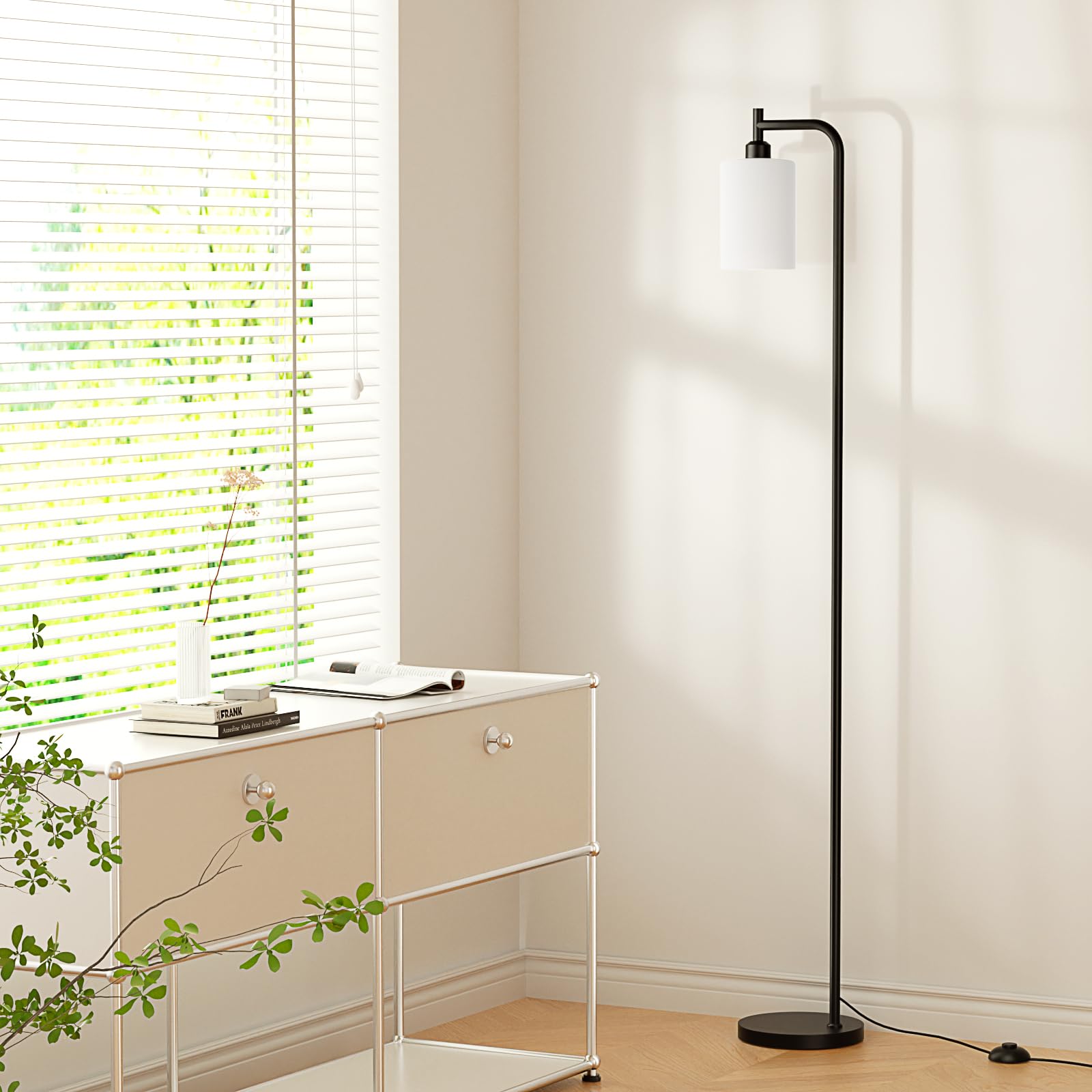 Ziisee floor lamp with frosted white glass shade offers soft, diffuse ambient light.