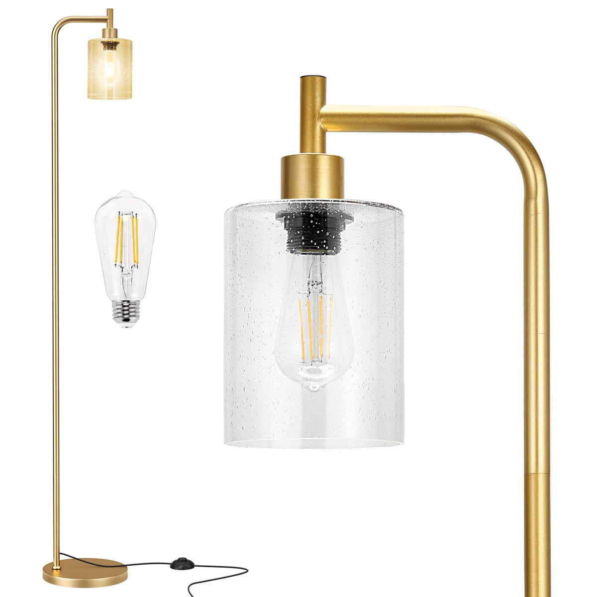 Ziisee floor lamp with seeded glass shade provides warm ambiance in the living room.