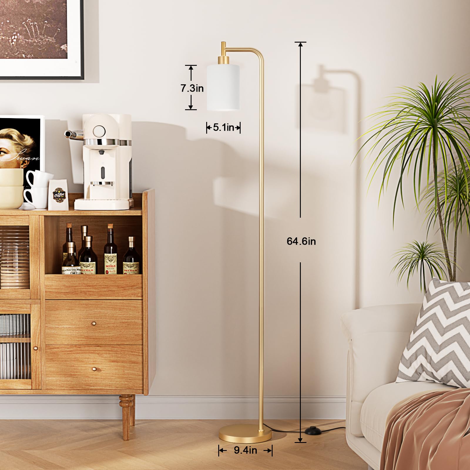 Elegant gold finish and glass shade elevate any room style.