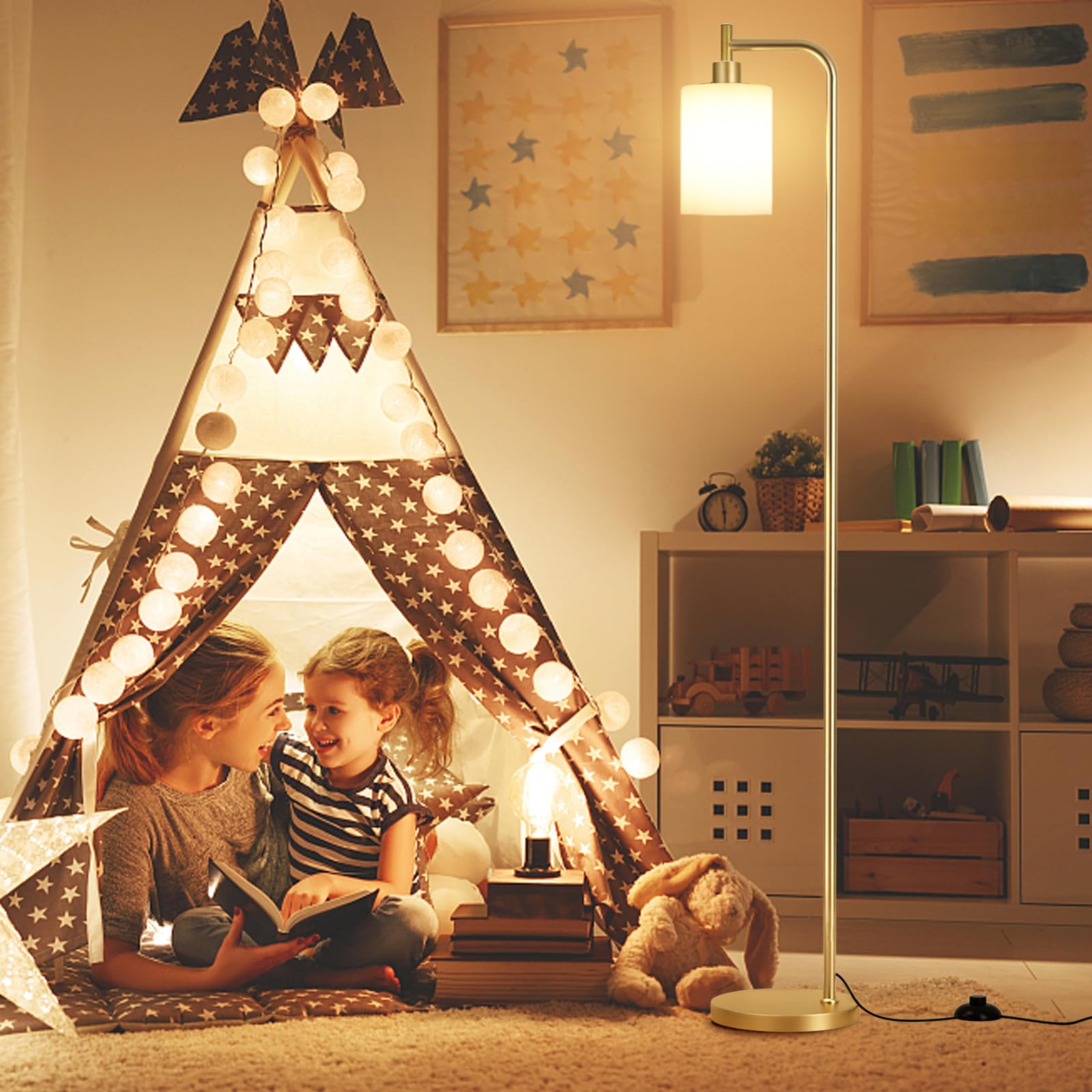 Replaceable 9W LED bulb provides warm white illumination for cozy spaces.