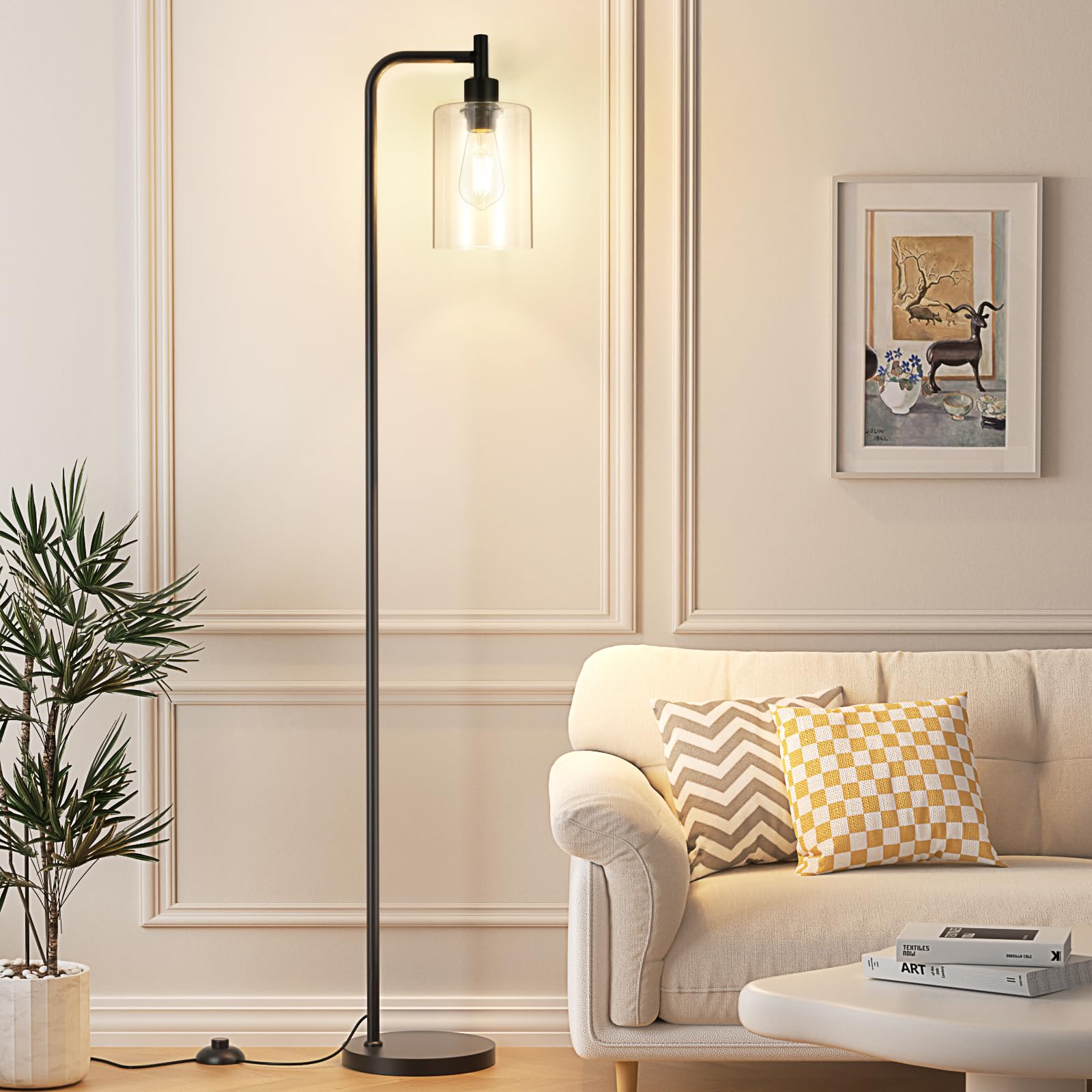 Ziisee industrial floor lamp full view with glass shade in black finish