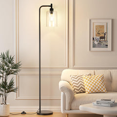 Ziisee industrial floor lamp full view with glass shade in black finish