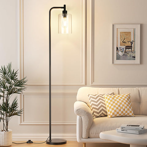 Ziisee industrial floor lamp full view with glass shade in black finish