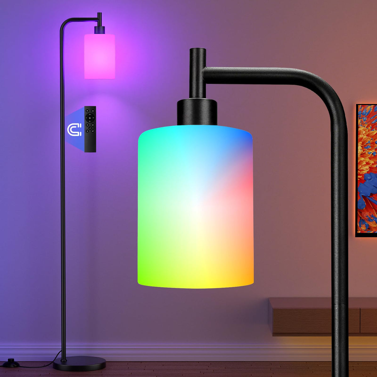 Ziisee RGB floor lamp displaying dynamic lighting for vibrant living room ambiance