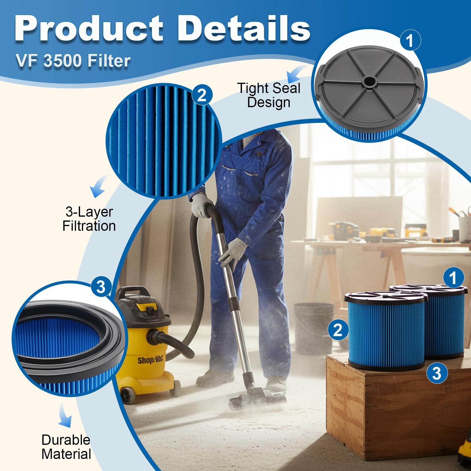 ZILAMGOO VF3500 filter for WD4522 traps fine dust in renovations