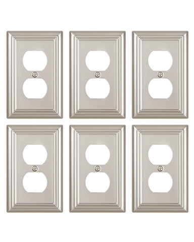 ZILLSEA duplex wall plate in satin nickel adds modern shine to outlets.