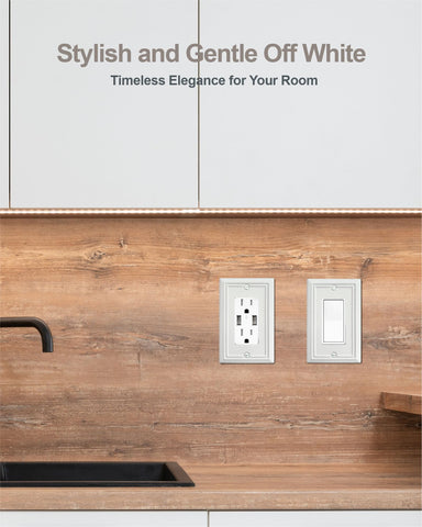 ZILLSEA metal outlet cover plates in off-white finish bring cohesive room styling.