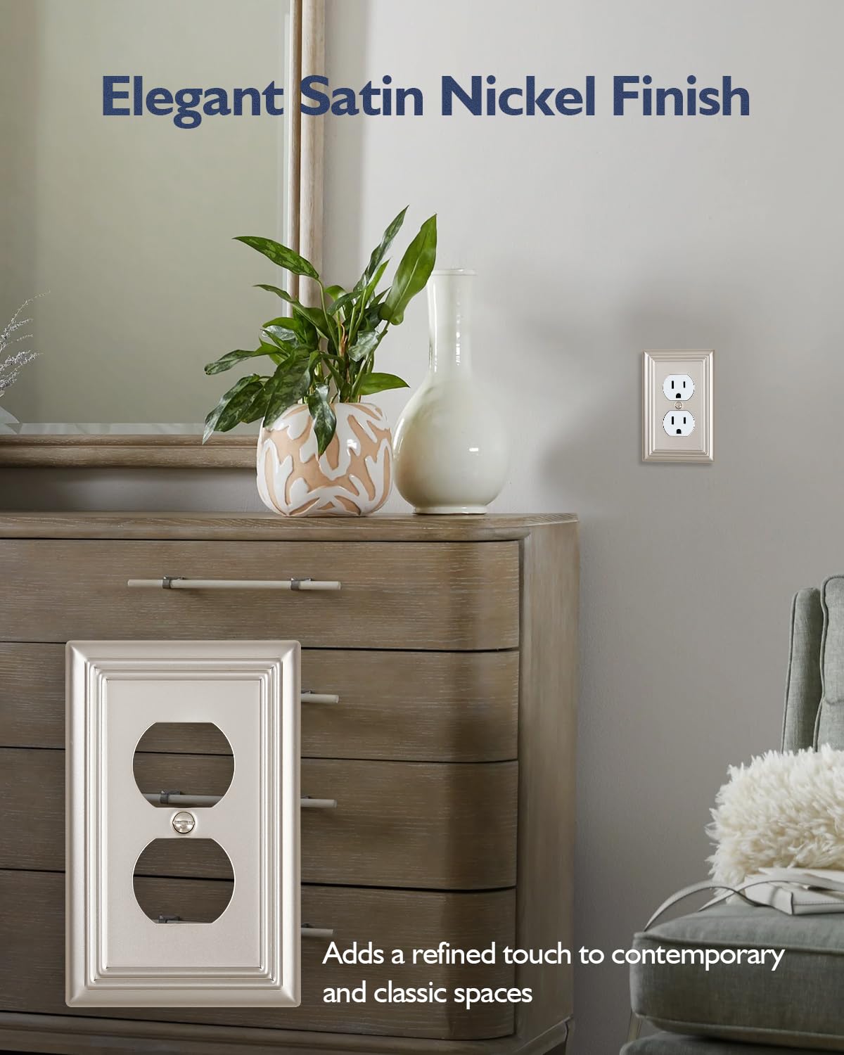 Durable metal outlet cover with screws enables quick, clean room upgrades.