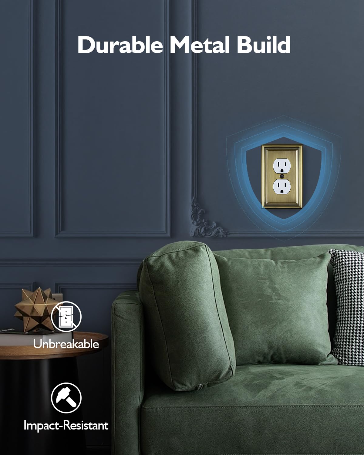 ZILLSEA antique brass wall plate close-up – midsize, universal fit for duplex outlets.