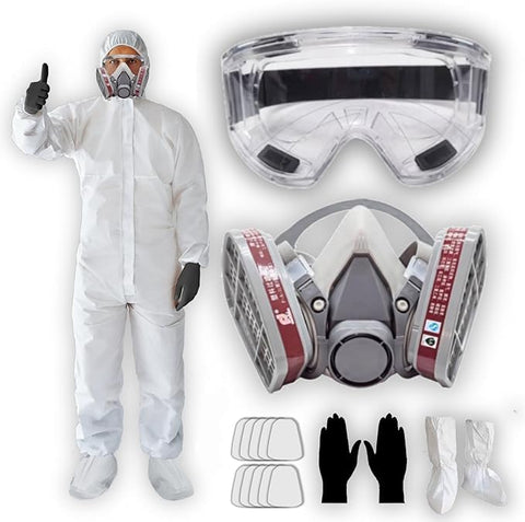 Zimchado full body hazmat suit with hood for liquid and particulate protection.