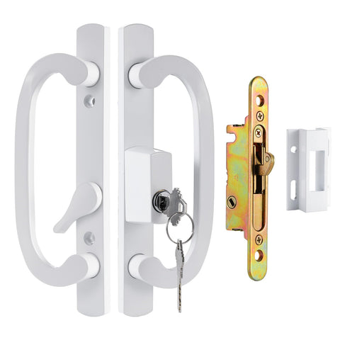 Zinkitool keyed sliding patio door handle set with 45-degree keyway for secure locking.