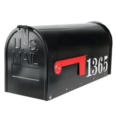 Zinovo metal post-mount mailbox outside front view with durable black finish and easy mail access.