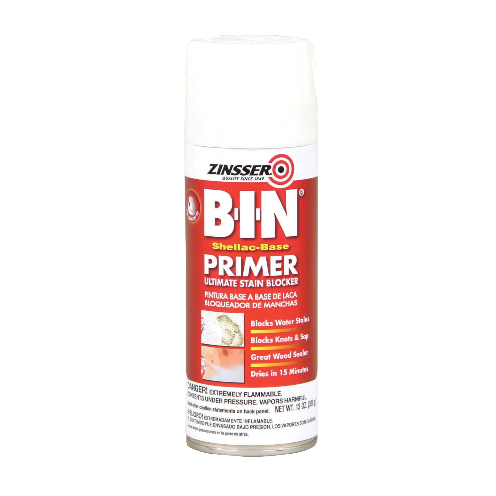 Zinsser B I N primer spray 13oz white for interior staining and knot blocking