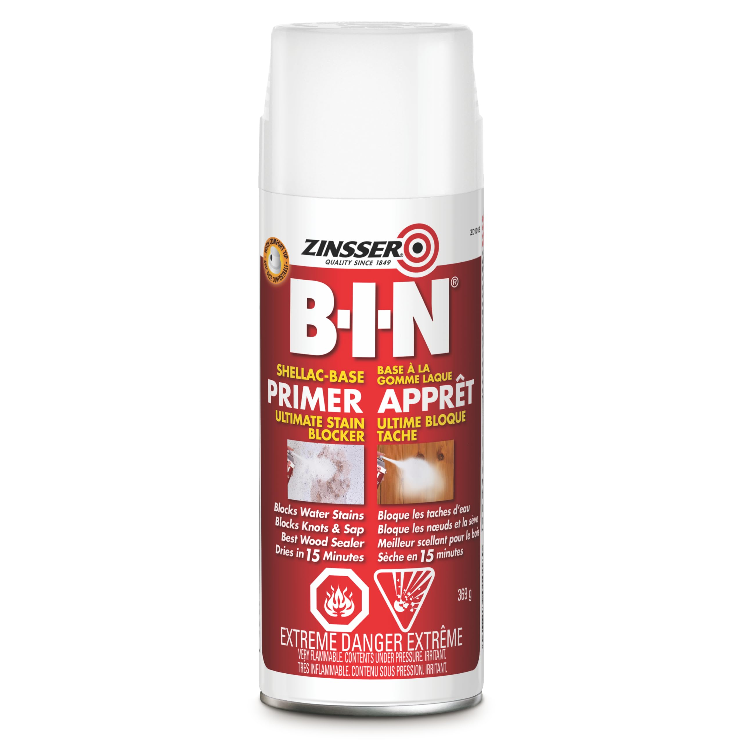 Zinsser BIN Shellac-Base Primer-Sealer: white bottle, seals stains and knots for a clean finish