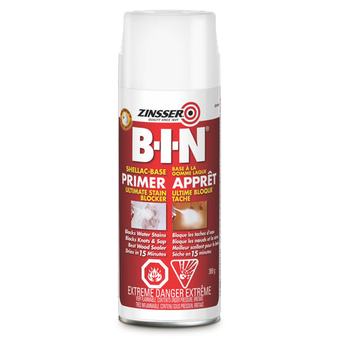 Zinsser BIN Shellac-Base Primer-Sealer: white bottle, seals stains and knots for a clean finish