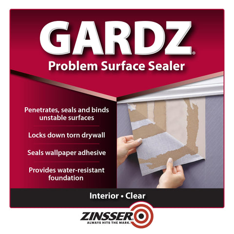 Zinsser Gardz bottle pour illustrating fast-drying, water-based formula for problem surfaces