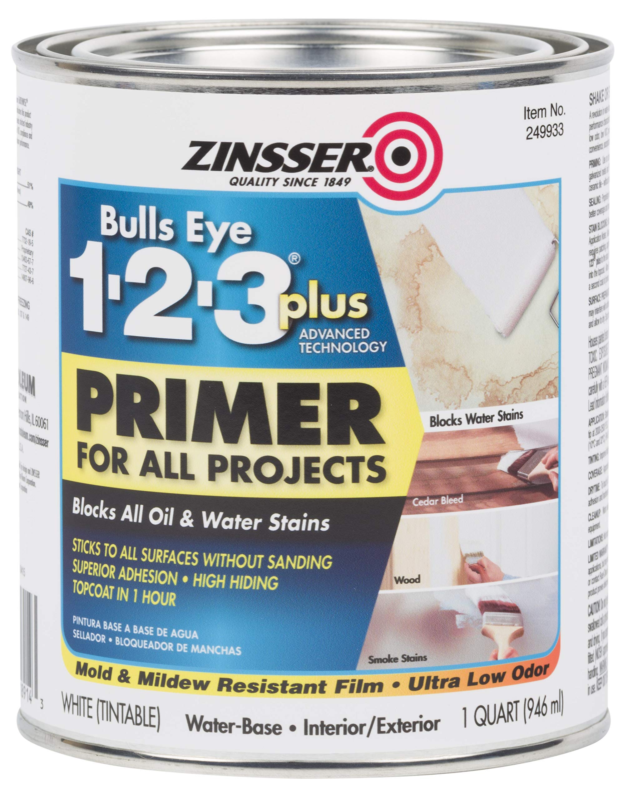 Zinsser 1-2-3 Plus quart bottle demonstrates stain-blocking primer benefits for surfaces