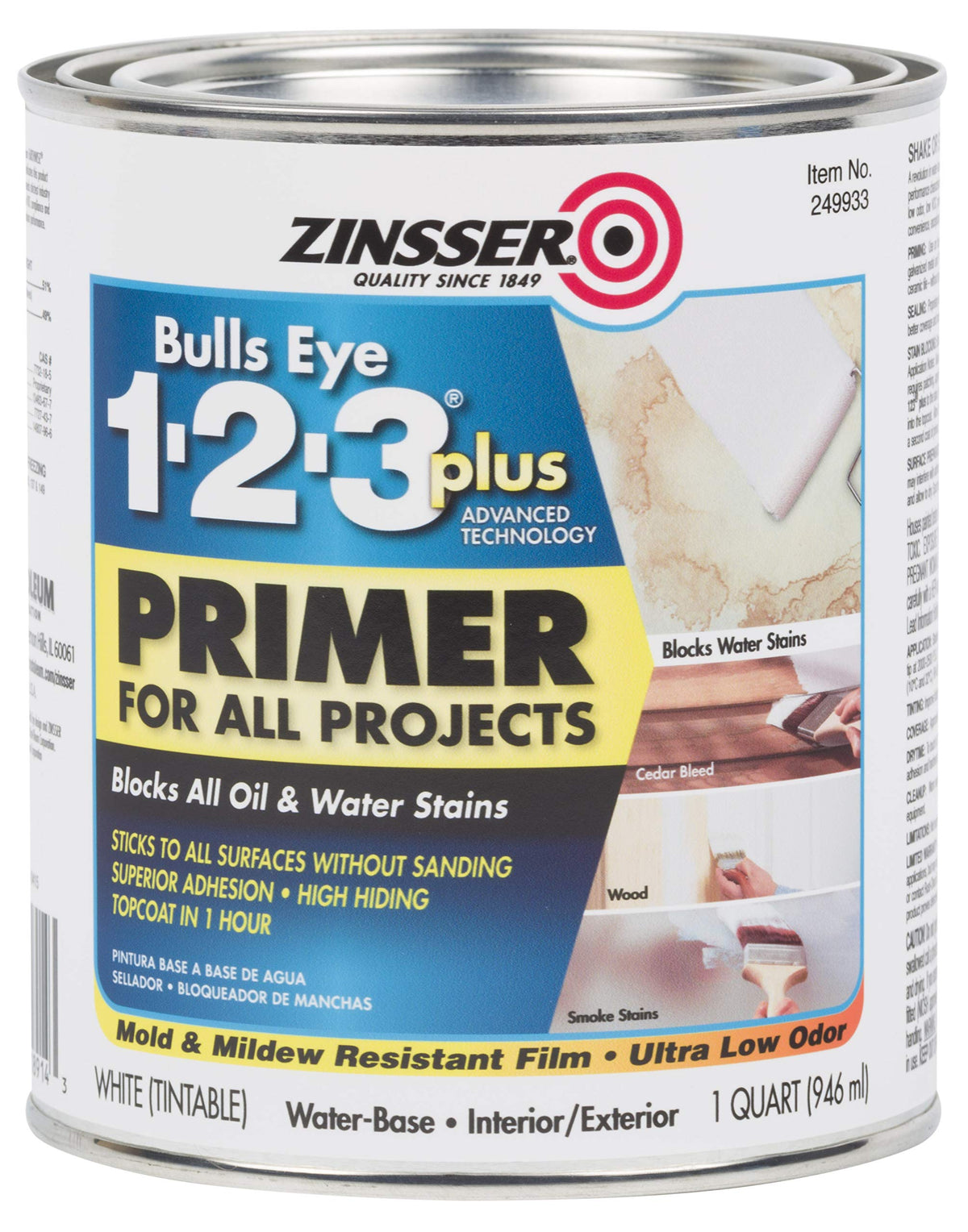 Zinsser 1-2-3 Plus quart bottle demonstrates stain-blocking primer benefits for surfaces