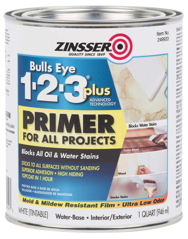 Zinsser 1-2-3 Plus quart bottle demonstrates stain-blocking primer benefits for surfaces