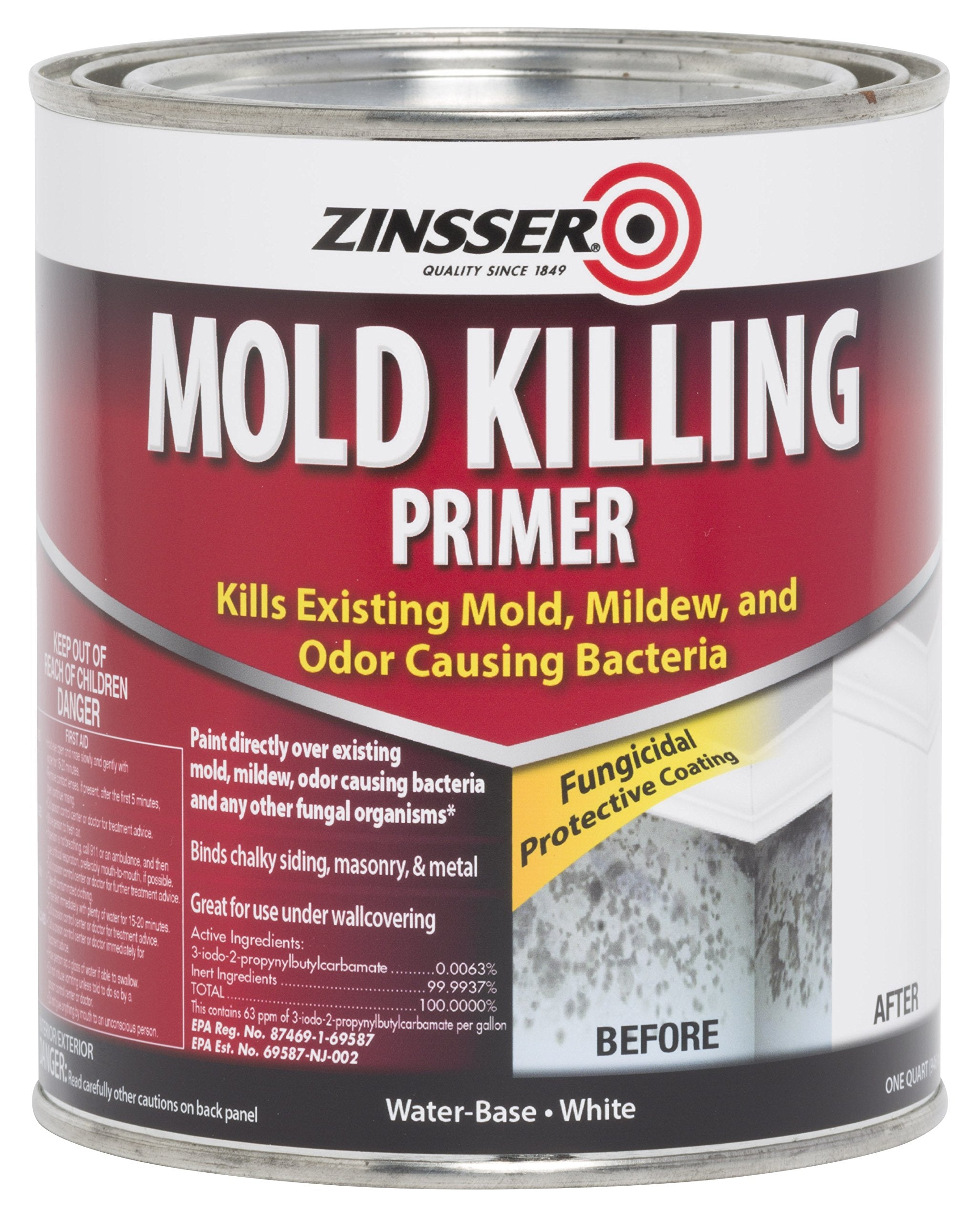 Zinsser white mold-killing primer can with label highlighting antimicrobial protection