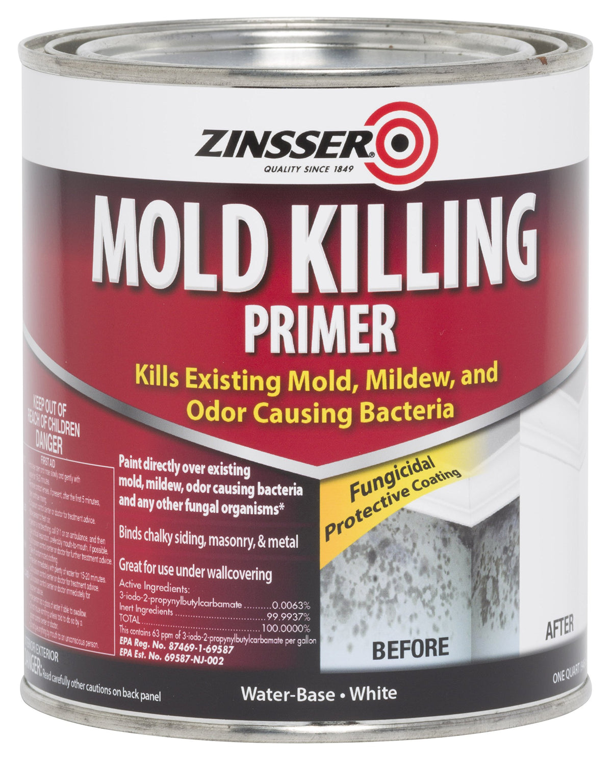Zinsser white mold-killing primer can with label highlighting antimicrobial protection