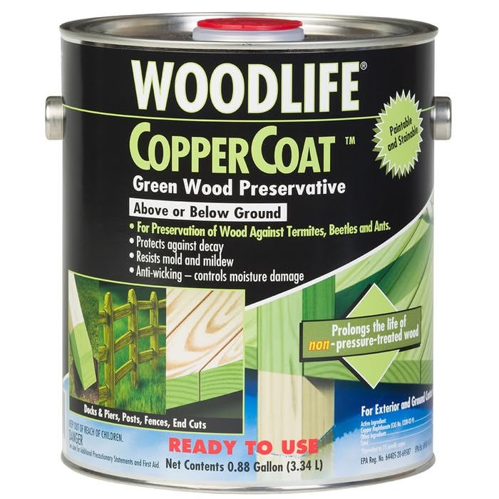 Zinsser WoodLife Coppercoat green transparent preservative protects exterior wood.