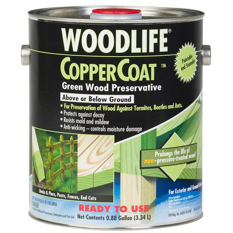 Zinsser WoodLife Coppercoat green transparent preservative protects exterior wood.