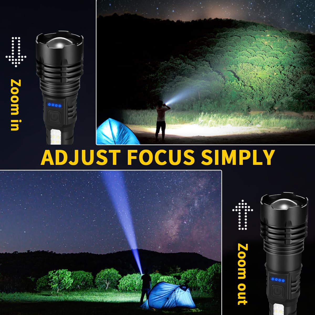 ZioeYiue adjustable-focus flashlight enables spot or flood lighting for outdoor tasks.