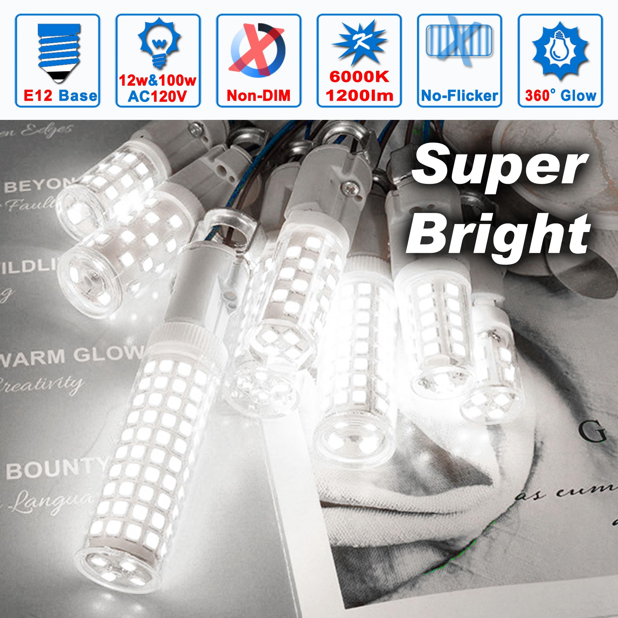 Ziomitus E12 LED bulbs on chandelier for bright ambience.
