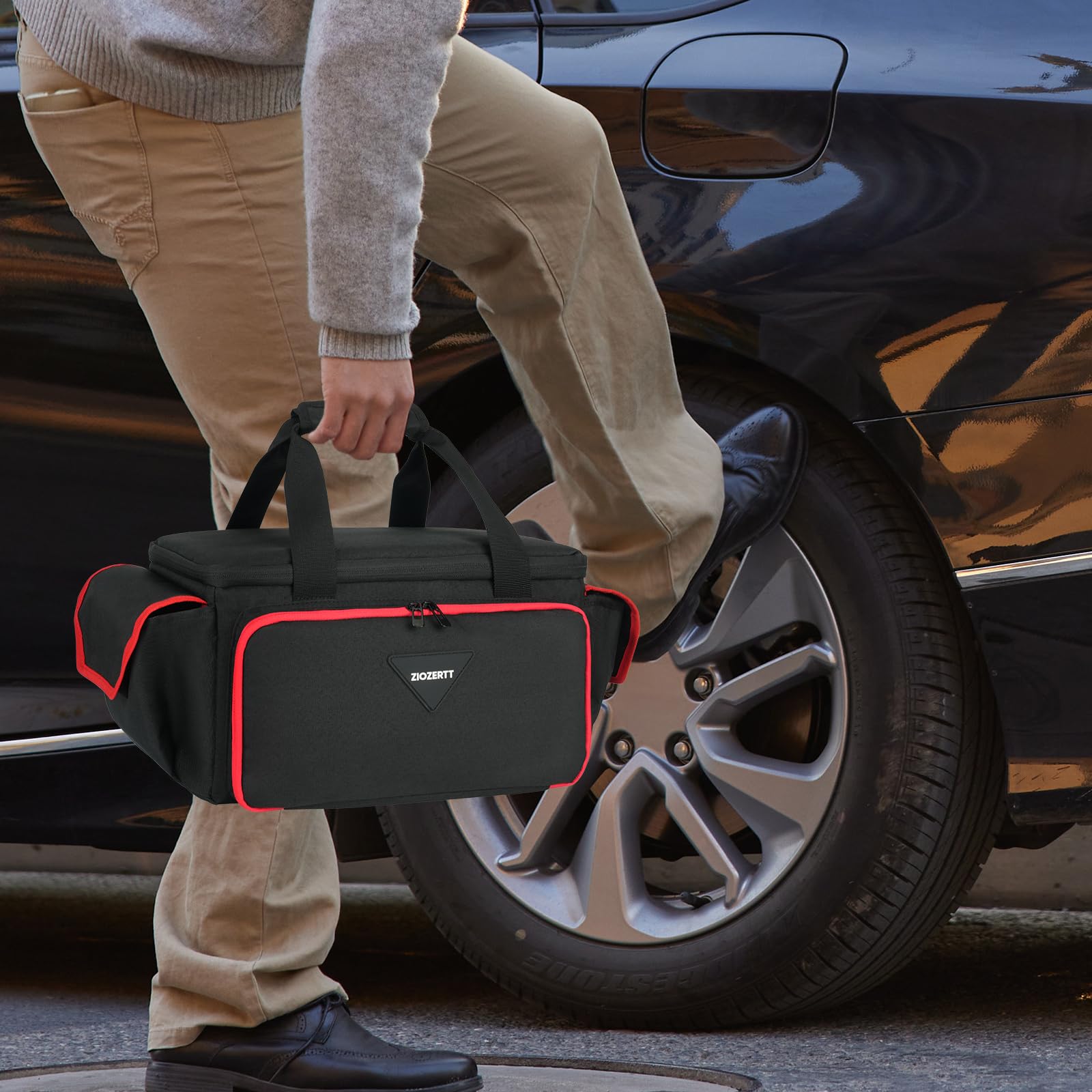 ZIOZERTT air compressor bag travel-ready for on-the-go gear organization and carry.