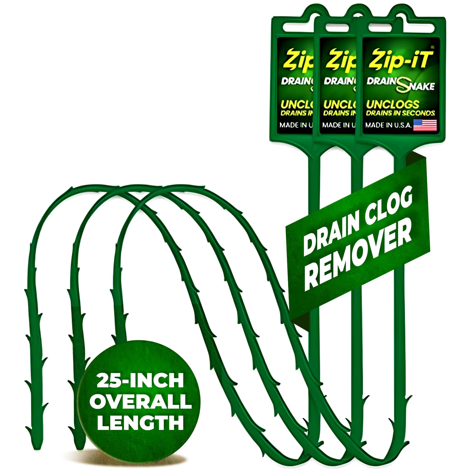 Zip-It 25-inch drain snake unclogs bathroom hair quickly.