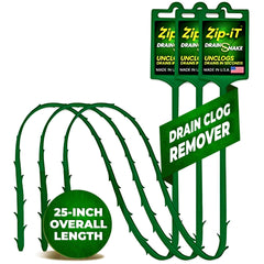 Zip-It 25-inch drain snake unclogs bathroom hair quickly.