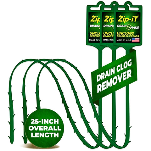 Zip-It 25-inch drain snake unclogs bathroom hair quickly.