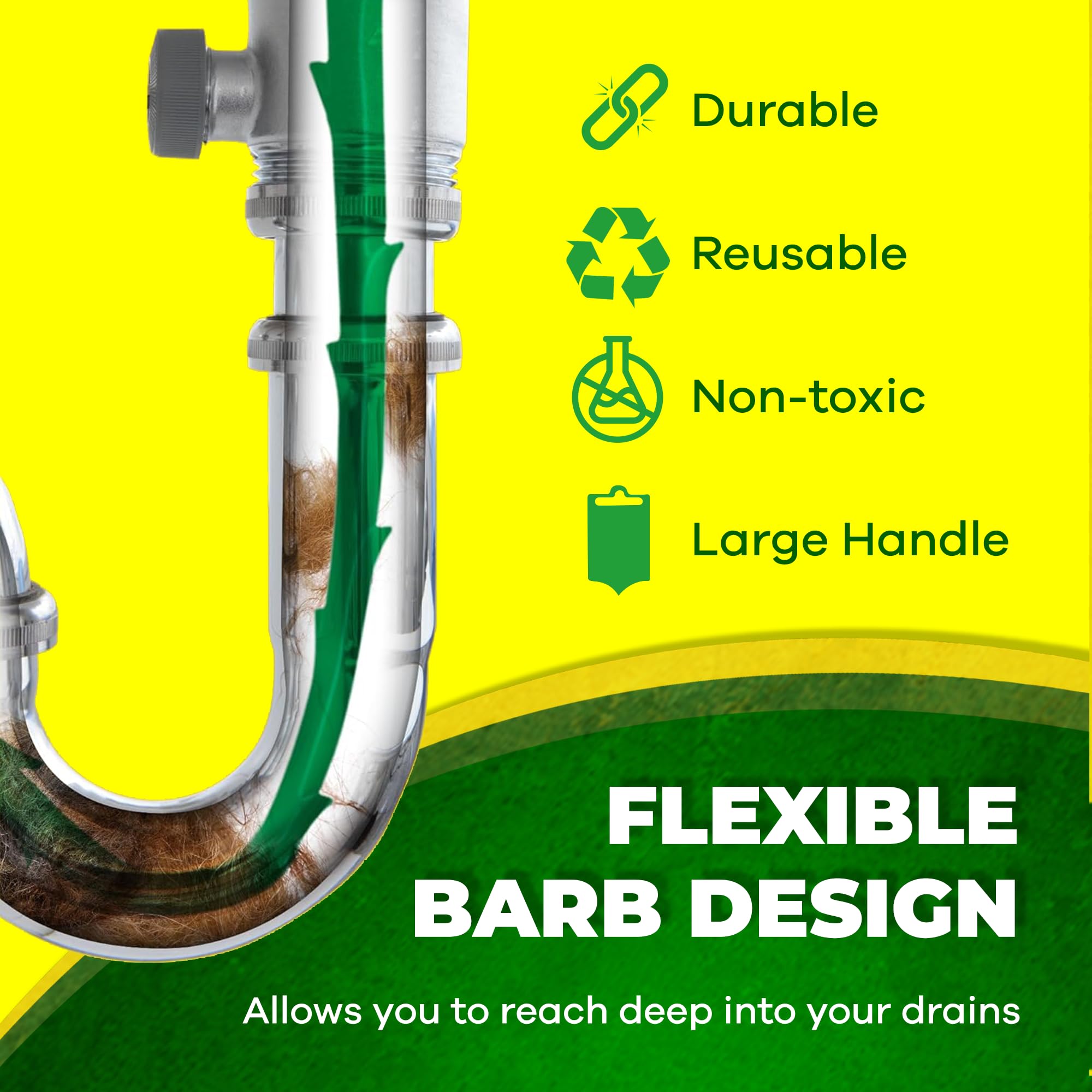 Zip-It flexible drain cleaner navigates tight bends for deep unclogging.