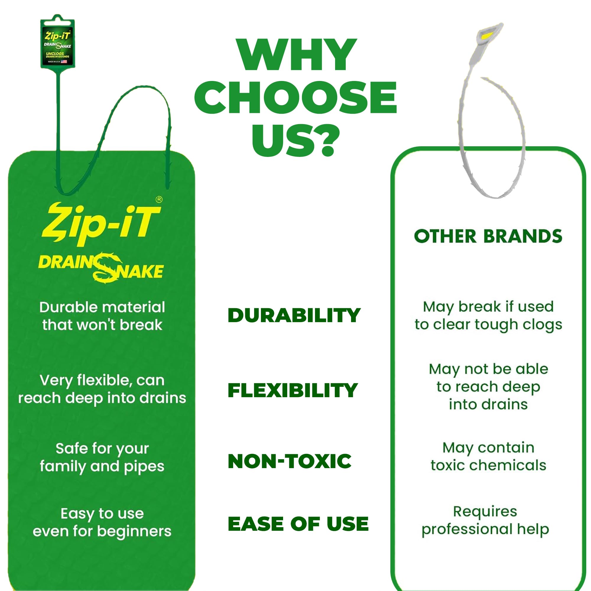 Zip-It no-chemical clog remover keeps pipes safer.