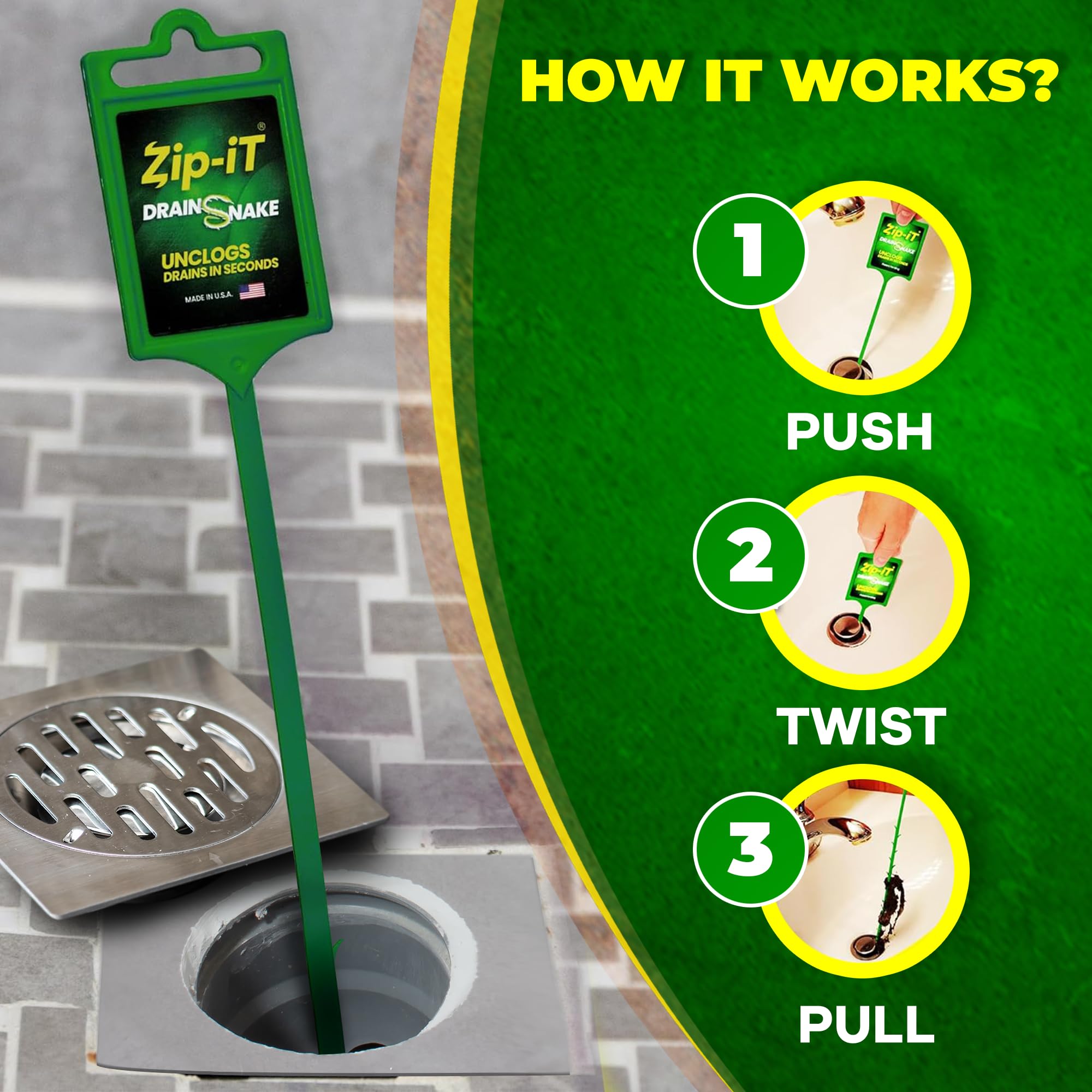 Zip-It reusable design rinses clean for next clog-removal task.