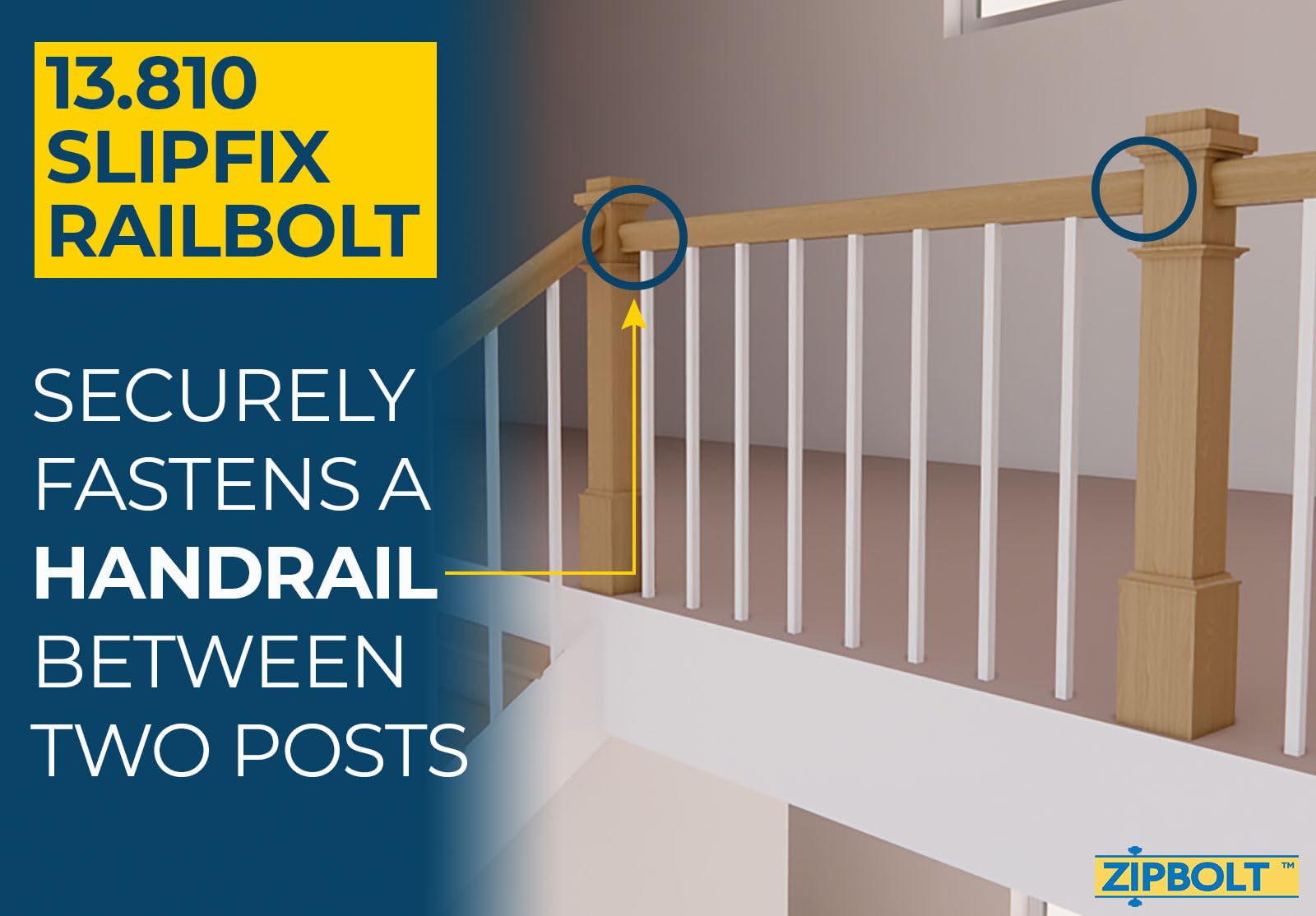 Zipbolt 13.810 Slipfix Railbolt on newel post connection demonstrates fast, tool-friendly mounting.