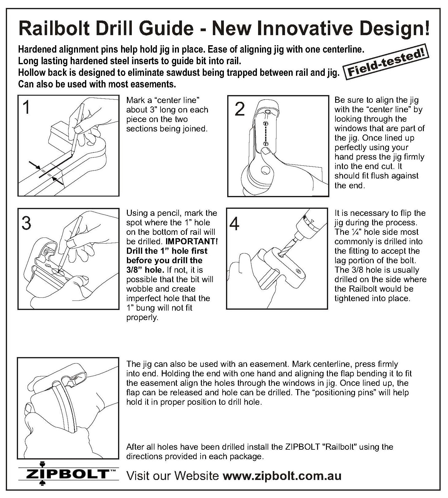 Zipbolt Railbolt Drill Guide packaging insert focus emphasizes clear setup instructions.