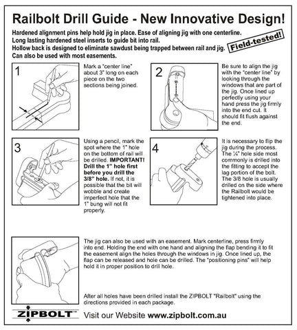Zipbolt Railbolt Drill Guide packaging insert focus emphasizes clear setup instructions.